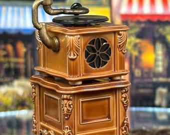 Beautiful 1:12 Miniature Dollhouse Decor Replica 19th Century Gramophone or Record Player with Table  Invented 1877 by Thomas Edison Hobby