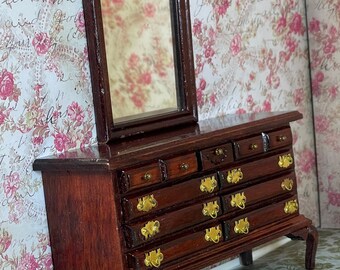 Vintage Pre 1989 Retired Beautiful Deep Lacquered Mahogany Dollhouse Dresser Buffet Separate Mirror  Queen Ann Original Box Collectible
