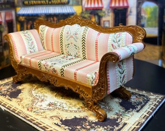 1:12 Scale Victorian Walnut Settee, Intricately Carved, Striped Floral Upholstery Dollhouse