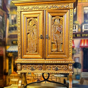 AHM Miniature Dollhouse Decor Replica Spanish Sacristy Cupboard Walnut !5th Century Store Vestments Clergy Holiday Birthday Gift Collectible