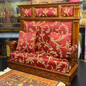 JBM Quality Miniatures Dollhouse Decor Replica Library Bench Walnut Silk UpholsteryRed Gold England Scotland 1600s Collectible Gift Hobby