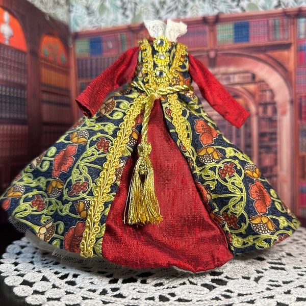 Miniature Dollhouse Replica Tutor 15th Century Dress Mannequin Several Layers of Fabric Linen Undergarment High Neck Embellished Collectible