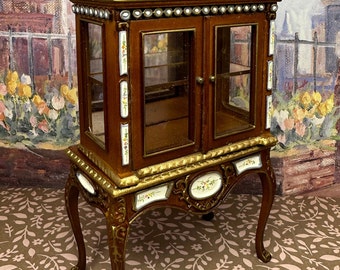 Miniature Dollhouse Decor Replica Victorian 2 Piece Chinoiserie Walnut Vitrine Curio Cabinet with Matching Table Holiday Birthday Mom's Day