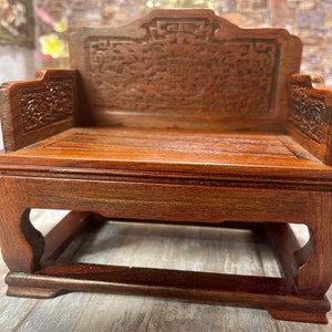 Miniature Ming Dynasty Chinese Rosewood Wood Relief Throne Settee or Chair 5.3 inch With Elegant Carved Backs and Arms