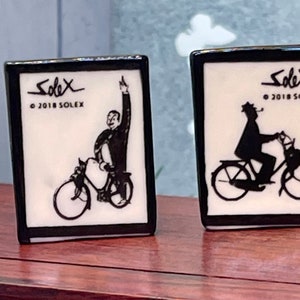 4 Miniature French Feves of Porcelain Picture of Bicycles and Riders