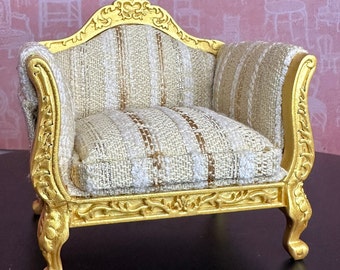 Beautiful Miniature Dollhouse Decor Replica French Louis XV Gold Painted Trim Shadow Gold Silver Upholstery Elegant Functional Collectible