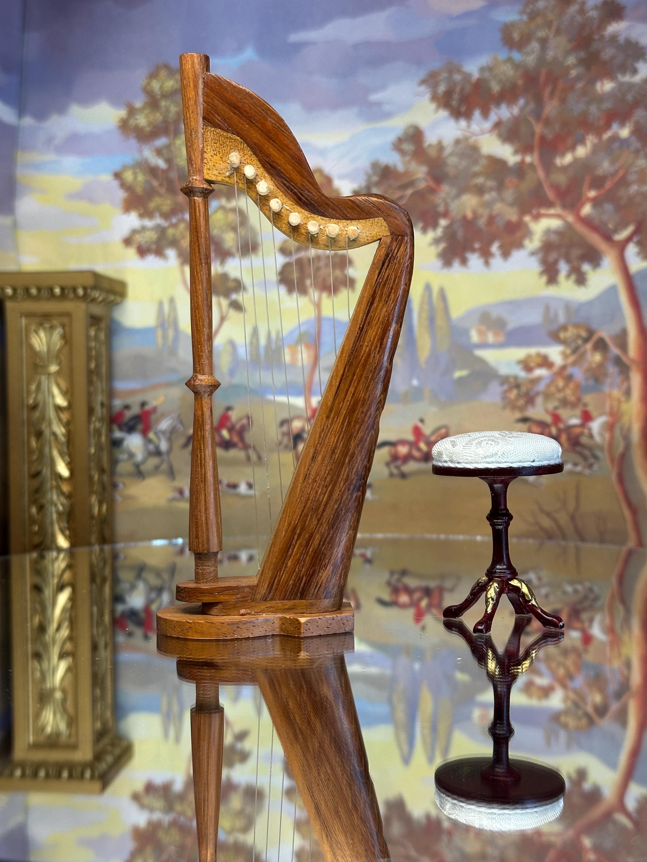 1:12 Vintage Handmade Miniature Dollhouse Music Room Decor Inlaid Dark Walnut to Light Walnut Harp Added JBM Stool Collectible Hobby Gift