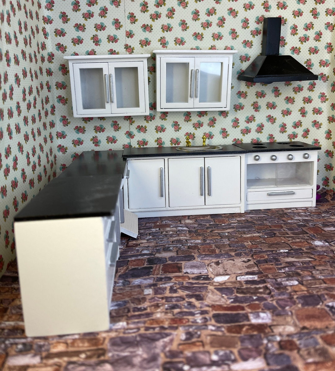 Miniature Dollhouse Decor Replica White Kitchen L Shape Doors Open ...