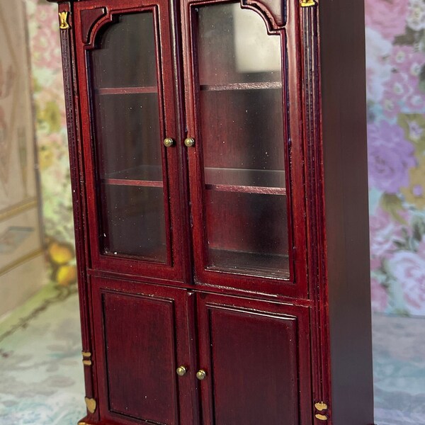 Vintage 90s Miniature Dollhouse Decor Replica Napoleonic Style Bespaq Empire China Cabinet 1800s Rare Mahogany Gold French Glass Doors