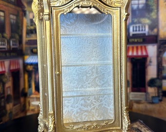 AHM Miniature Dollhouse Decor Replica French Rococo Louis XV Gold Gilded Curio Cabinet Brocade Glass Door Shelves Collectible Hobby Art Gift
