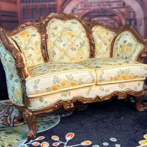 Stunning RESIN Miniature Dollhouse Decor Replica French Provincial Walnut Settee Cream Upholstery Hand Crafted Country Side Furniture Gift