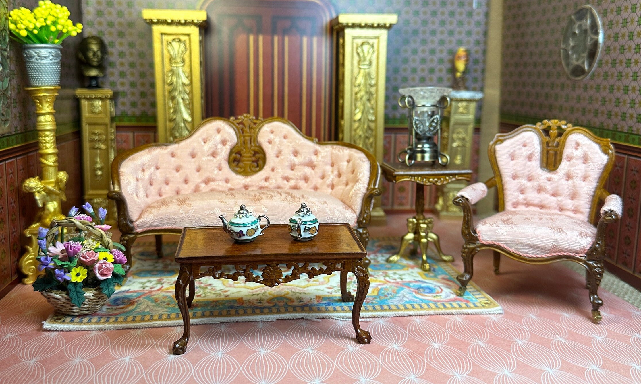 Beautiful JBM Miniature Dollhouse Replica Victorian  Settee Walnut Frame Cabriole Legs Claw Feet on Wheels Pink Brocade Upholstery Gift