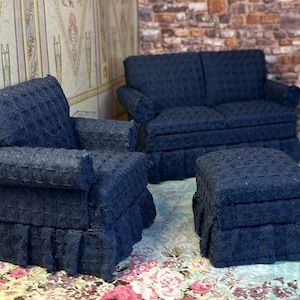 Very Nice Miniature Dollhouse Decor Replica  1950s Waffle Weave Blue Small Sofa Love Seat Chair Ottoman Shadow Blue Checks