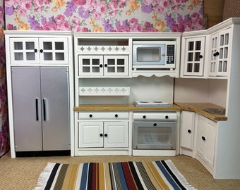 Stunning Miniature Dollhouse Decor Replica 3 Part Kitchen Cupboard Set Range Oven Refrigerator Microwave Sink Silver White Faux Glass Doors