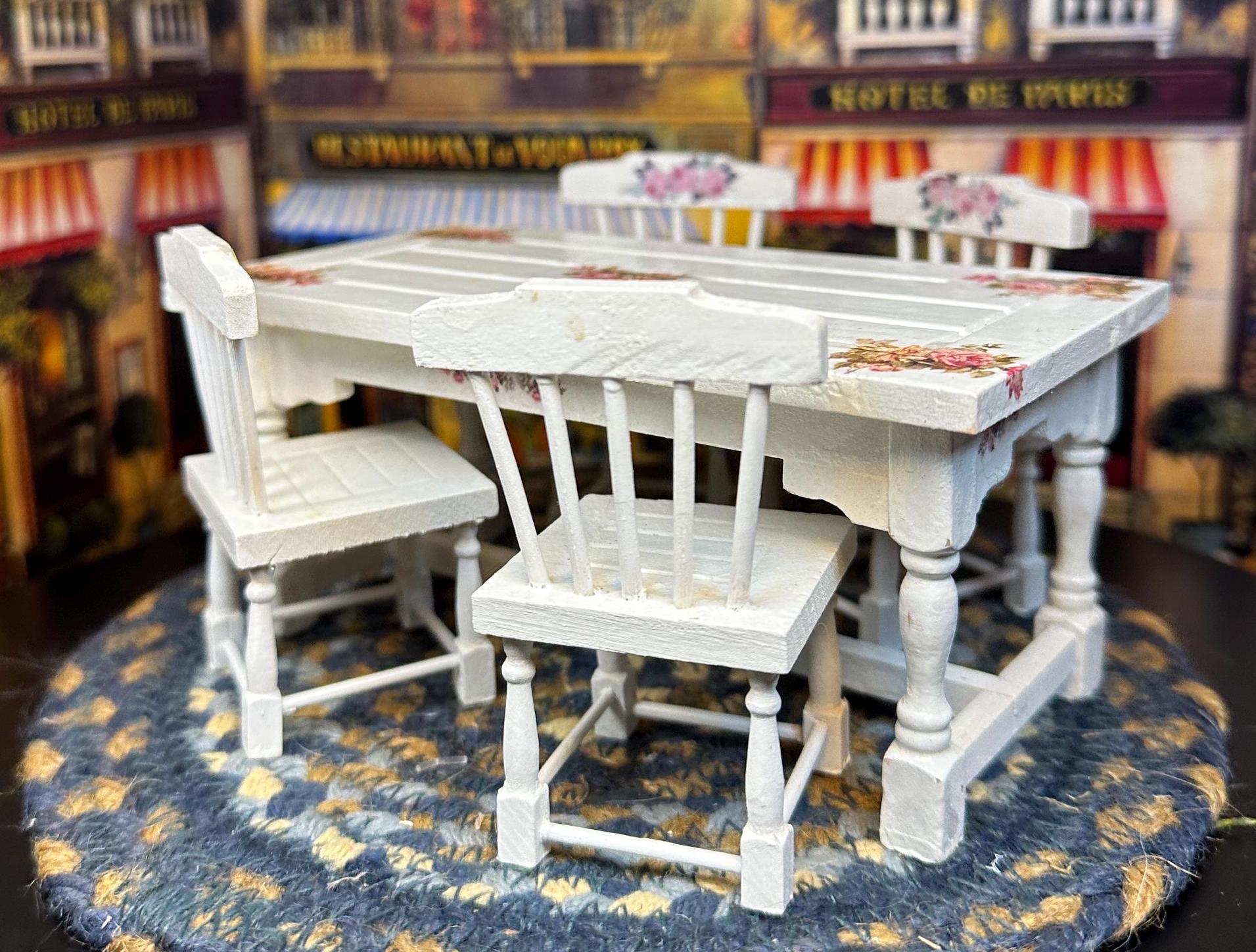 SECOND Miniature Dollhouse Decor White Kitchen Table 4 Chairs Floral Accent Hand Crafted Collectible Gift Giving Hobby Action Figure  Art