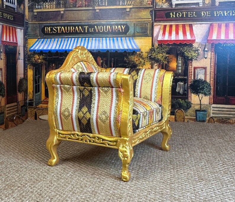 Miniature Dollhouse Decor Replica Louis XV Rococo Armchair Shadow Golds Black Wood 18th Century Collectible Holiday Birthday Gift Hobby image 3
