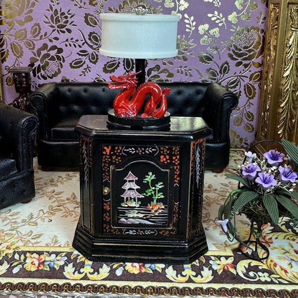 Vintage 1970s Hand Painted Miniature Dollhouse Decor Replica From My Own Collection Chinoiserie Console Cabinet Red Dragon Lamp Non Electric