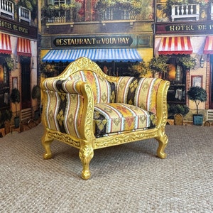 Miniature Dollhouse Decor Replica Louis XV Rococo Armchair Shadow Golds Black Wood 18th Century Collectible Holiday Birthday Gift Hobby image 1