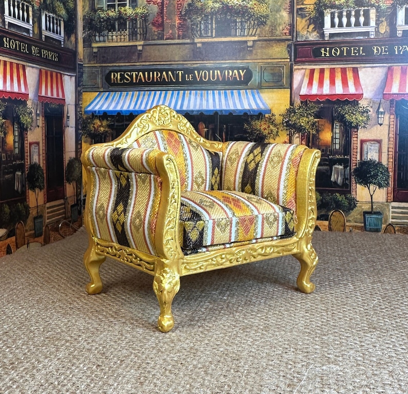 Miniature Dollhouse Decor Replica Louis XV Rococo Armchair Shadow Golds Black Wood 18th Century Collectible Holiday Birthday Gift Hobby image 1