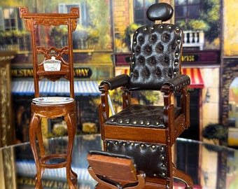 Unique Miniature Room Box Decor Replica Victorian Barber  Dentist Chair Brown Simulated Leather Whittlings Walnut Collectible Action Scene