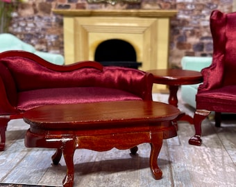 Retired Dollhouse Miniature Georgian, Victorian, to Modern 2  Piece Burgundy Satin Upholstery Sofa and Chair