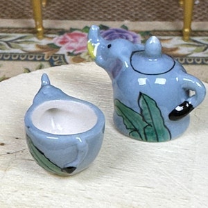 Porcelain French Feves Artisan Crafted 1:12 Elephant Blue Cream Pitcher Sugar Bowl Christmas Cake Dollhouse Accessory Mardi Gras Holiday