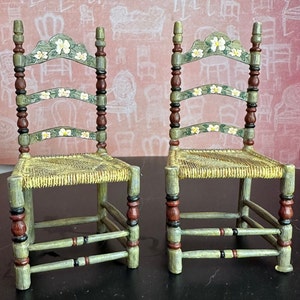 Vintage Miniature Dollhouse Replica  Folk Art  Scandinavian Chairs 1900s  Rush Seats Hand Painted Reproduced Resin Collectible Holiday Gift
