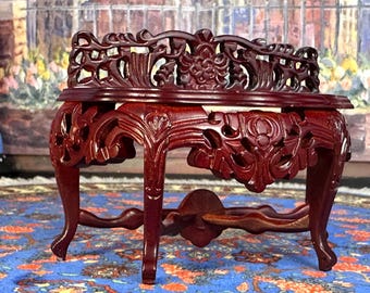 Vintage Rare Rosewood Miniature Dollhouse Decor Replica Victorian Parlor Hall Table All Hand Made Carved Cabriole Legs Middle X Spreaders