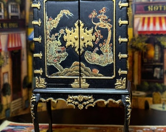 JBM Miniature Dollhouse Decor Replica 19th Century Thomas Chippendale Chinese Design Cabinet Black Chinoiserie Art Collectible Hobby Gift