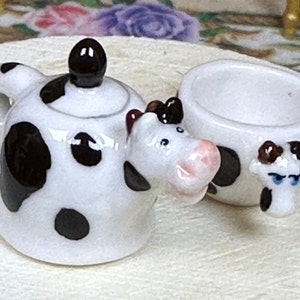 Miniature Dollhouse 1:12 French Feve Cow Cream Pitcher and Sugar Bowl Porcelain Black White Cake Collectible Gift Holiday Birthday