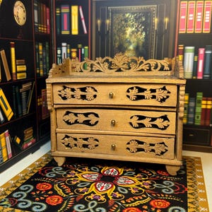 Antique 1:12, 1880 Miniature Dollhouse Decor German Hand Designed Assembled Cutwork or Scrollwork Bedroom Dresser Oak Wood Collectible Art