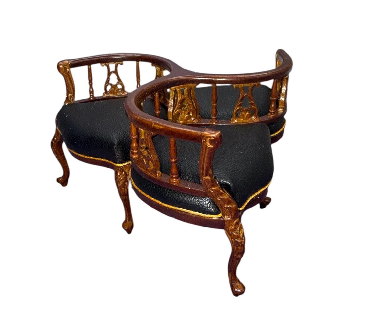 1:12 Victorian Walnut Conversation Chair, Black Faux Leather