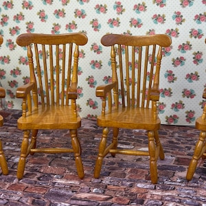 Vintage 45 Years Miniature Dollhouse Decor Replica 4 Oak Arm Chairs Pristine Condition Original Boxes Collectible Holiday Birthday Gift