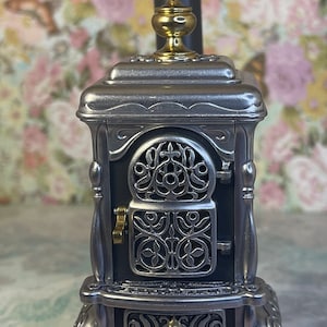 Vintage !990s Miniature Dollhouse Decor Replica German Bodo Hennig Victorian Parlor Stove Cast Iron Gold Silver Black Richly Decorated Gift