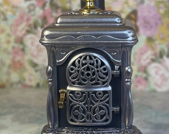 Vintage !990s Miniature Dollhouse Decor Replica German Bodo Hennig Victorian Parlor Stove Cast Iron Gold Silver Black Richly Decorated Gift