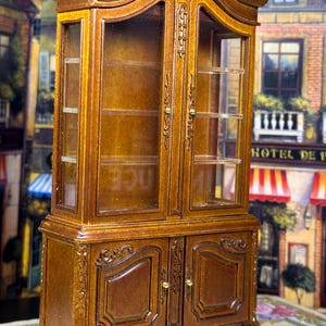 JBM Quality Miniature Dollhouse Decor Replica Louis XV French Regency Walnut Curio Cabinet 18th Century 2 Faux Glass Doors 2 Solid Doors Art