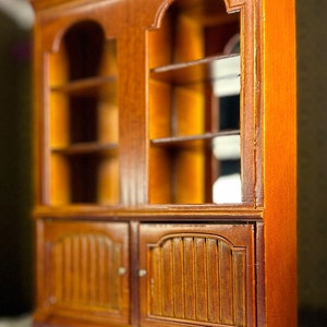 Beautiful Miniature Dollhouse Decor Replica Library Walnut Bookcase Shelves Mirror 2 Bottom Cabinet Doors Well Made Collectible Holiday Gift