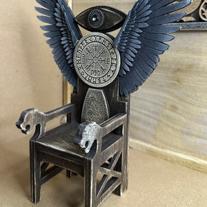 Unique Doshe Designed Hand Made Miniature Castle Action Scene Decor Birch Gothic Crown Chair All Seeing Eye Dragon Wings Heads Gray Stain