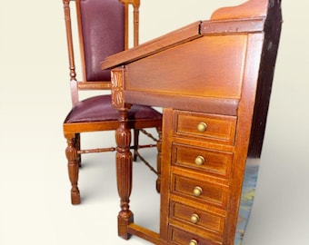 1:6 Twelve Inch Doll Furniture  Walnut and Faux Leather Davenport Desk and Chair