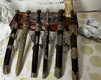 Vintage  Miniature Key Ring Letter  Opener Scabbard and Sword  Gold Silver Metal Blunt Ends Collectible Removable Chain Gift Giving Display