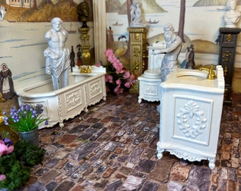 AHM QualityMiniature Dollhouse Decor Replica White Wood 3 Piece Bathroom Set 1930s All Hand Made Carved Assembled Collectible Art Hobby Gift