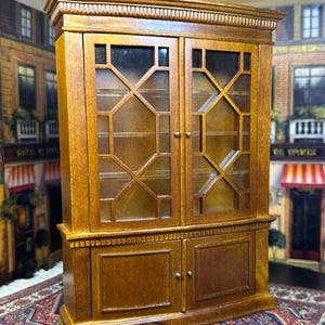 JBM Quality Miniatures Dollhouse Decor Walnut Georgian Style Cabinet Bookcase Curio Cabinet Faux Glass Doors Open Close Collectible Hobby