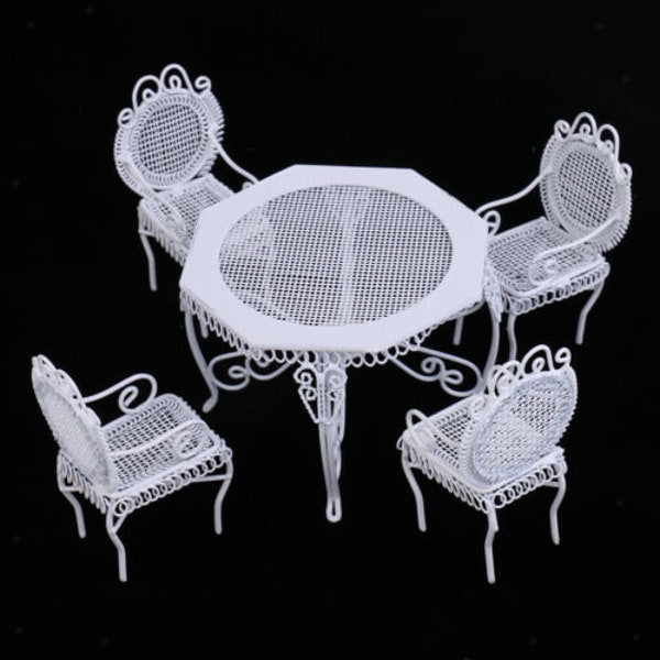 Ensemble de patio 5 pièces pour maison de poupée miniature en maille métallique Blanc