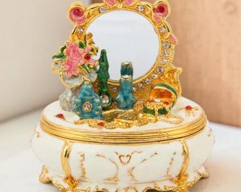 Miniature Enameled with Embedded Faux Jewel Trinket, Snuff or Casket Box