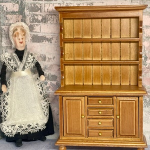 Miniature Dollhouse Dark Oak Stained Kitchen Cabinet Dining Room Buffet Bathroom or Hall Towel Cabinet