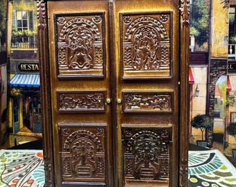 1:12 Dollhouse  Walnut  French Renaissance Gothic Cabinet Armoire Wardrobe Chifforobe
