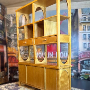 JBM Miniature Dollhouse Decor Replica Art Deco 1920s France  Oak Bookcase Open Curio Cabinet Geometric Shapes Beautiful Finish Collectible
