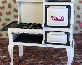 Vintage Miniature Dollhouse Replica Rope Gas Stove 1920s White Dee's Delight Bun Warmer Metal Oven Working Doors Collectible Holiday Gift