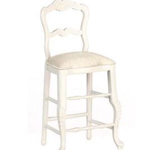 May include: White wooden bar stool with a carved back and legs. The stool has a beige upholstered seat.