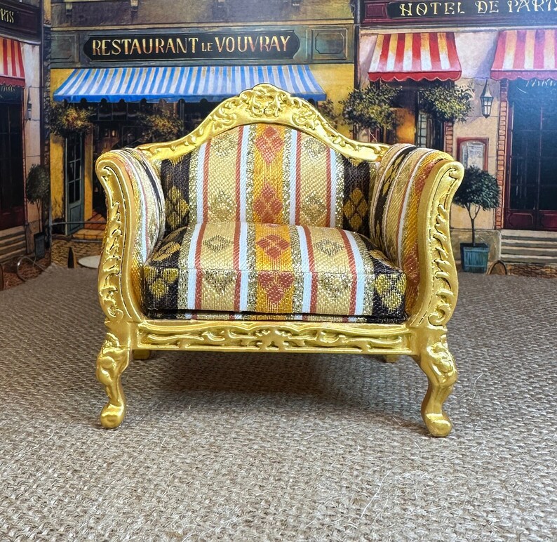 Miniature Dollhouse Decor Replica Louis XV Rococo Armchair Shadow Golds Black Wood 18th Century Collectible Holiday Birthday Gift Hobby image 5
